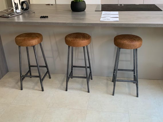 Bar Stool with Leather Seat – Handmade in UK – Industrial Steel Frame – Custom Height – Upholstered Kitchen Island Seating