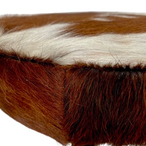May include: Close-up of a brown and white cowhide stool with a soft, fuzzy texture. The stool is round and has a white border around the top.