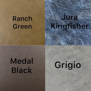 May include: A square image showcasing four leather swatches in different colors. The colors are labeled: Ranch Green, Jura Kingfisher, Medal Black, and Grigio. Each swatch has a unique texture and hue, suitable for upholstery or leather goods.
