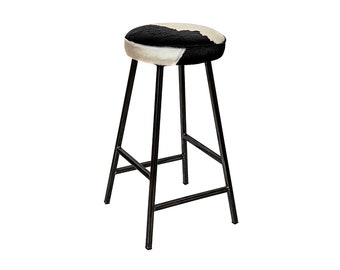 Handmade Cowhide Bar Stool: Hair-On Hide Seat, Industrial Steel Frame