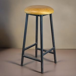 Leather Bar Stool – Bertie Tanner – Handmade in UK – Industrial Steel Frame – Upholstered Round Seat – Custom Height 650–800 mm