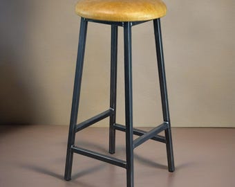 Handmade Leather Bar Stool: Industrial Steel Frame, Custom Height
