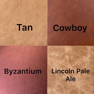 May include: A square image divided into four sections, each showcasing a different leather color. The colors are tan, cowboy, byzantium, and lincoln pale ale, with the color names printed below each swatch.