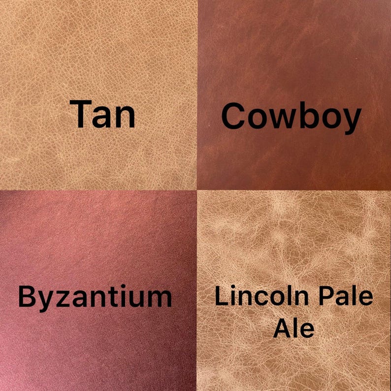 May include: A square image divided into four sections, each showcasing a different leather color. The colors are tan, cowboy, byzantium, and lincoln pale ale, with the color names printed below each swatch.