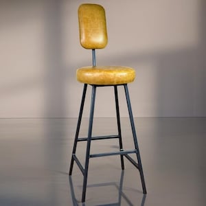 Custom Industrial Bar Stool with Backrest – Handmade Steel Frame & Italian Leather Seat  – Custom Height 605-750mm –  Hand Made in the UK