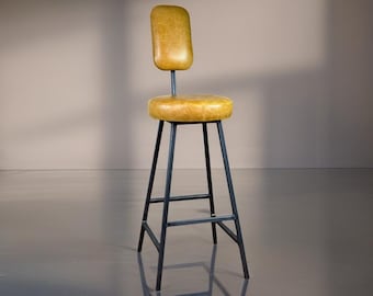 Handmade Industrial Bar Stool: Italian Leather Seat, Steel Frame, Custom Height