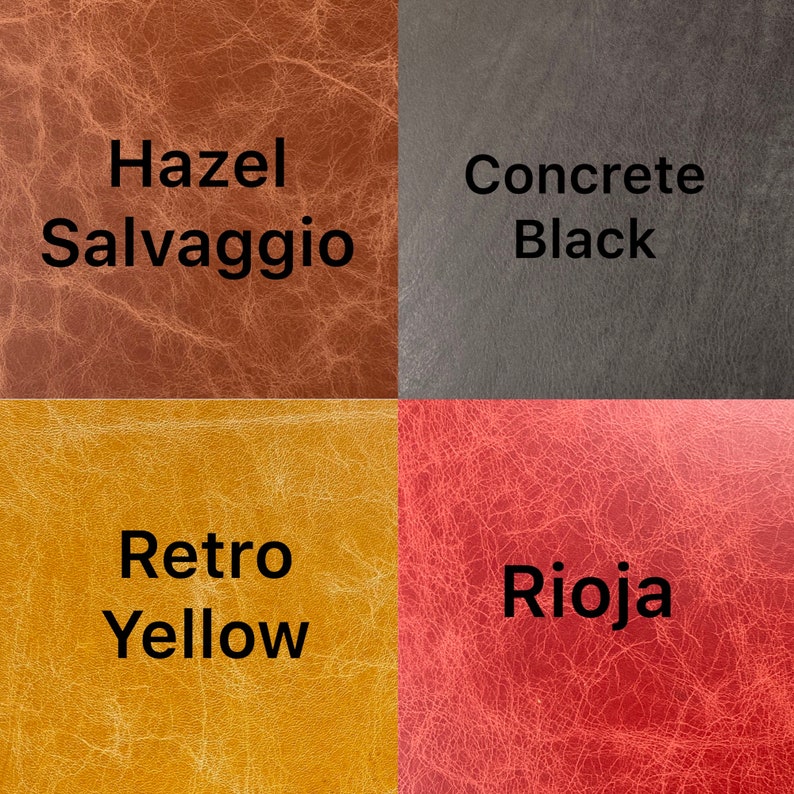 Puede incluir: Cuatro muestras de cuero con diferentes colores y texturas. Las muestras est&aacute;n etiquetadas como "Hazel Salvaggio", "Concrete Black", "Retro Yellow" y "Rioja".