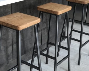 BERTIE FOUROAKS Wooden Oak Seat STOOL - Steel Frame Industrial Counter Bar Stool