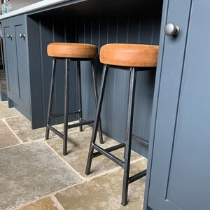 Metal frame leather bar stool, stitch upholstered in real leather