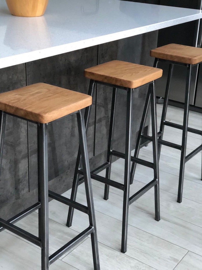 Bertie Fouroaks - Steel Frame Industrial Bar Stool with Square Oak Seat 