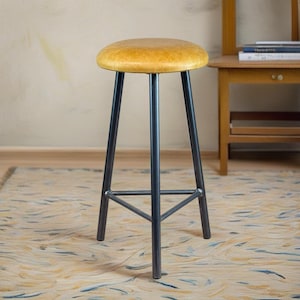 Three Legged Bar STOOL With LEATHER Seat – Kitchen TRIPPIE Tanner Upholstered Steel Stool