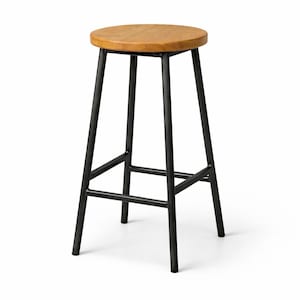 Steel Frame Industrial BAR STOOL With Round Oak Seat - Bertie Oakman WOODEN Stool