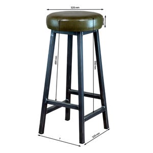 Charlie Hyde bar stool featuring a steel frame with visible welds and a raw waxed finish, upholstered with high-quality ranch green leather over dense foam, set against a neutral background with dimensions in millimetres