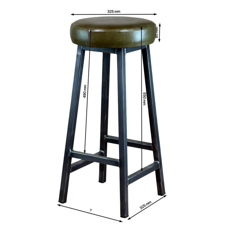 Charlie Hyde bar stool featuring a steel frame with visible welds and a raw waxed finish, upholstered with high-quality ranch green leather over dense foam, set against a neutral background with dimensions in millimetres