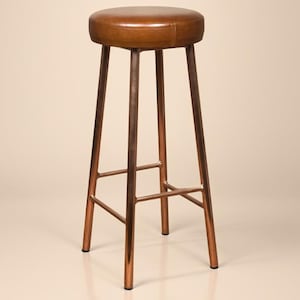 Custom Copper Plated Leather Bar Stool – Rick Hyde – Handmade in UK – Round Steel Frame – Bespoke Height – Industrial Kitchen Seating