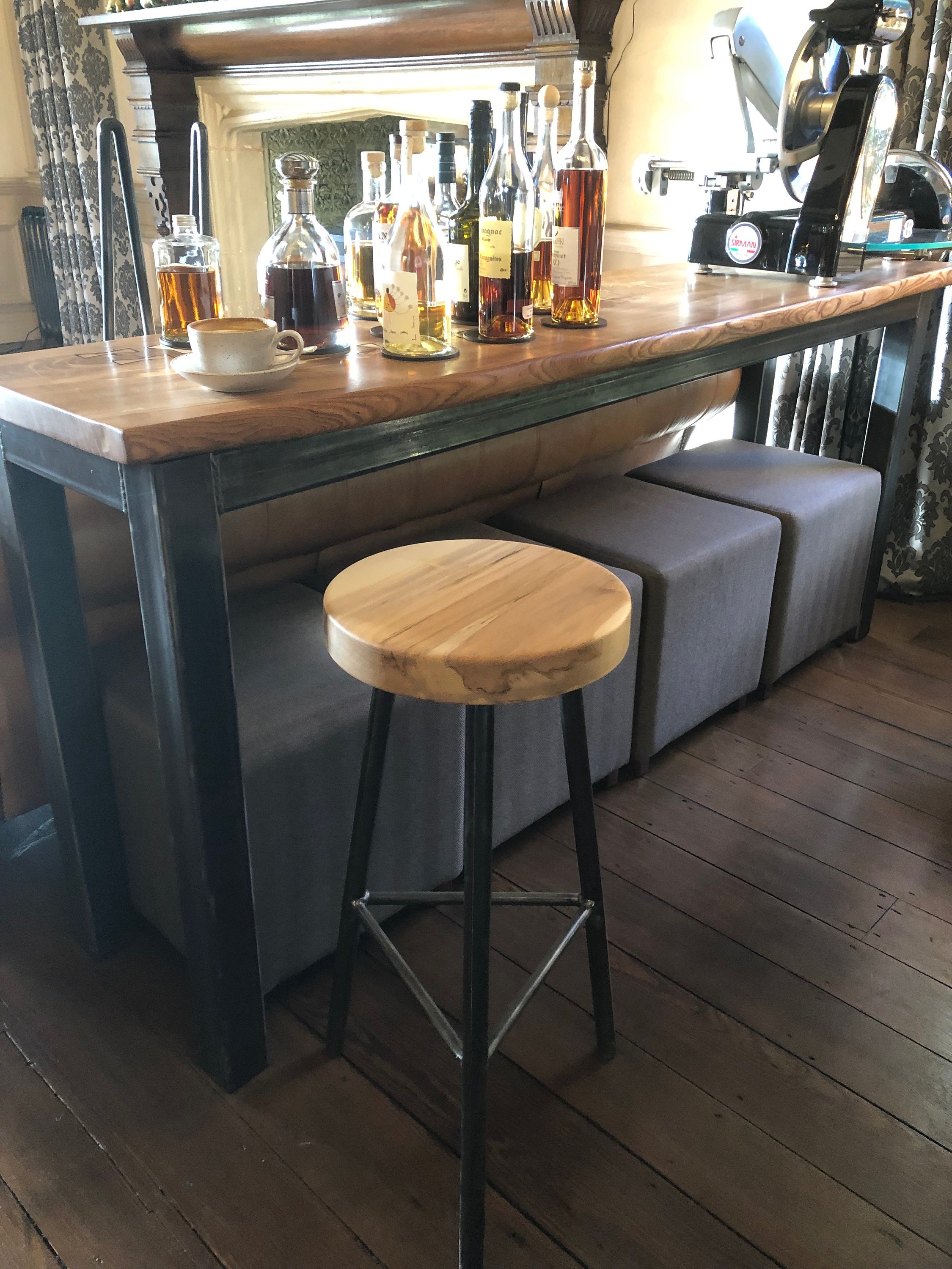 Charlie Hyde' Leather Kitchen Bar Stool on a Chunky Steel Frame