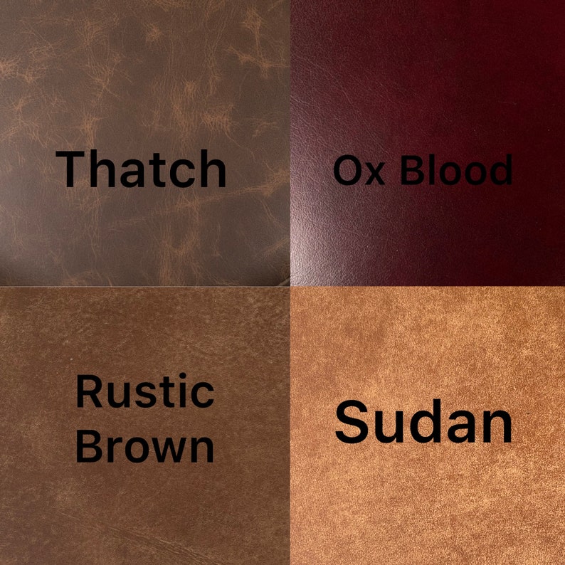 Puede incluir: Cuatro muestras de cuero en diferentes colores: Thatch, Ox Blood, Rustic Brown y Sudan. Las muestras est&aacute;n dispuestas en una cuadr&iacute;cula de 2x2.
