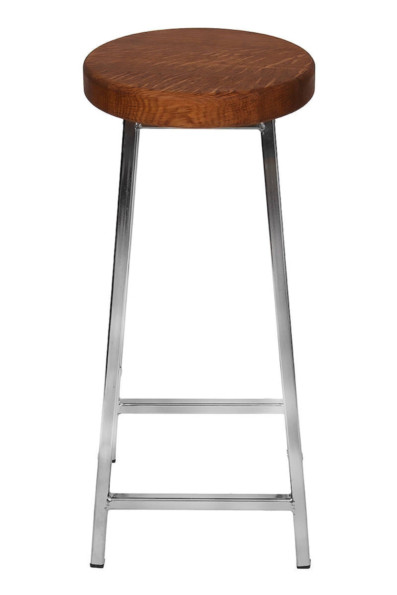 Bertie N Broadoak-Brown Nickle Plated Bar Stool with Chunky Brown Oak Seat image 3