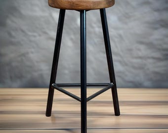Taburete de bar de tres patas de madera de olmo hecho a mano - Estructura de acero industrial - Altura a medida