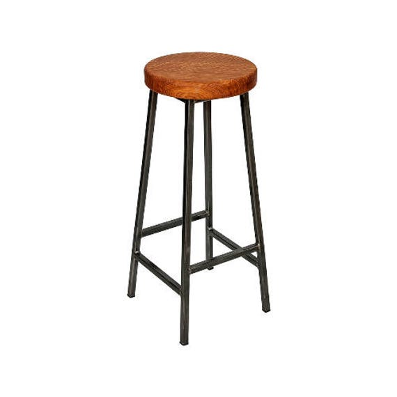 Steel Frame Industrial Bar Stool Oak Seat