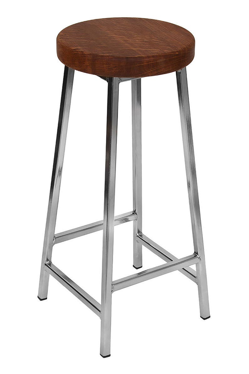 Bertie N Broadoak-Brown Nickle Plated Bar Stool with Chunky Brown Oak Seat image 2