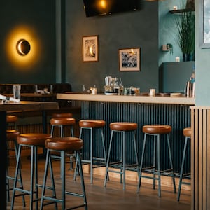 Backless Leather Bar Stool – Industrial Counter Stool – Bertie Hyde – Custom Height – 20mm Steel Frame – Handmade in UK