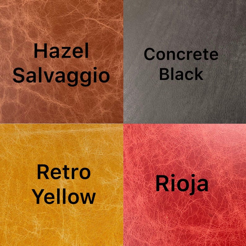 May include: A square image showcasing four leather swatches in different colors. The colors are Hazel Salvaggio, Concrete Black, Retro Yellow, and Rioja. Each swatch has a unique texture and is labeled with its respective name in black text.