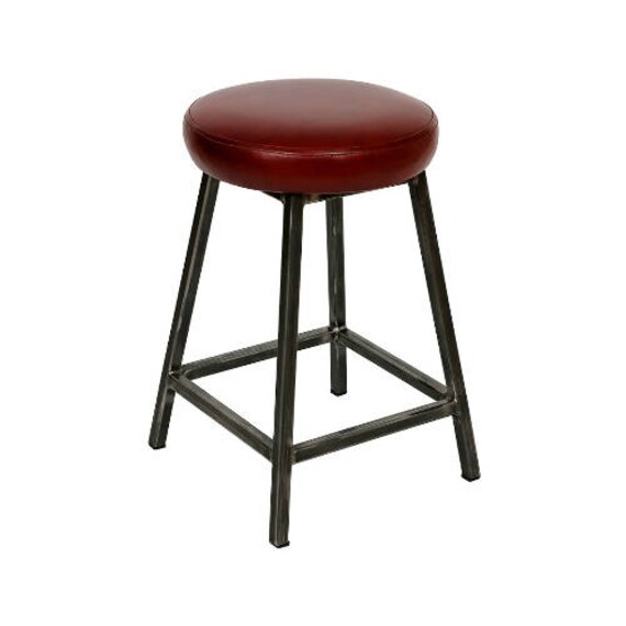 Beatrice Hyde Low Industrial Bar Stool With Thick Leather Seat Etsy