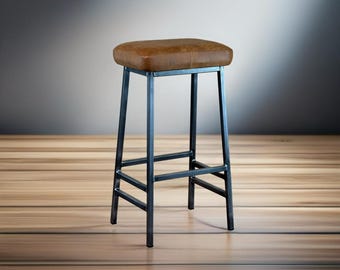 Slim Leather Saddle Stool: Raw Steel Kitchen Bar Stool