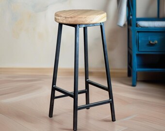 Handcrafted Industrial Oak Bar Stool - Bertie Broadoak - Customizable Height