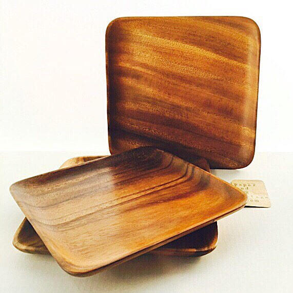 70s Wood Tray Plate One Decorative Vintage Monkey Pod Square