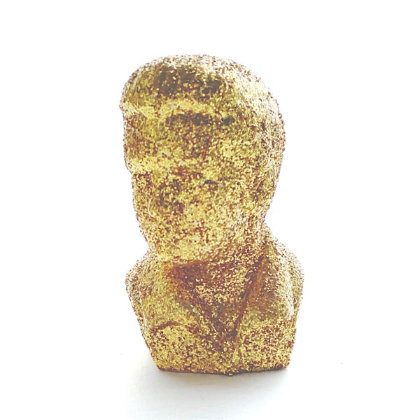 ELVIS Bust: Vintage ceramic bust covered in hand-applied, bright gold glitter and sealed; 8”x 5”x 5” OOAK