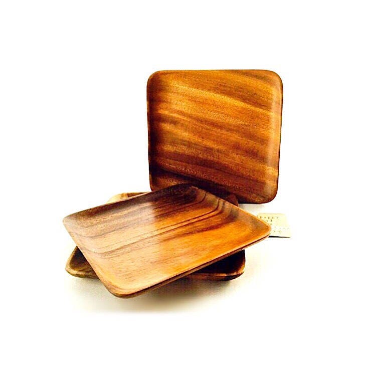 70s Wood Tray Plate One Decorative Vintage Monkey Pod Square