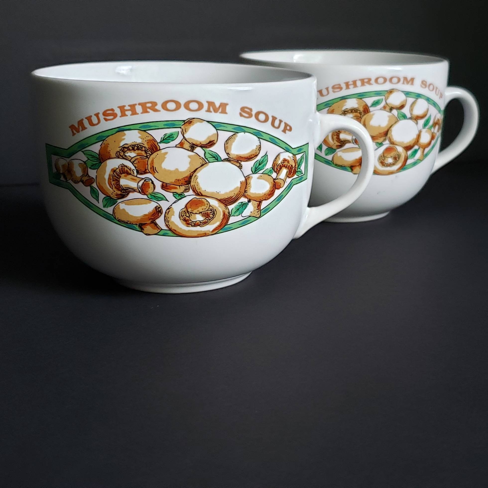 Pair of 2 mushroom soup bowls cups, mushroom art drawing, vintage ceramic; est. 1980s