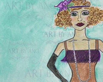 Cuadro original de Blondie Flapper – Mujer Art Déco de los años 20, arte mural vintage glamuroso, arte original de la era del jazz, decoración mural estilo Gatsby, pintura de flapper