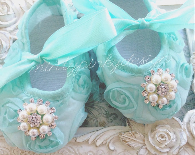 Mint Satin Baby Crib Shoes Baby Rosette Shoes Baby Shoes Etsy