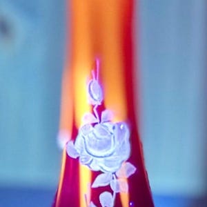 Fenton Ruby Red Swung Vase, Hand-Painted Vesper Roses, UV Reactive Glow, signed by artist