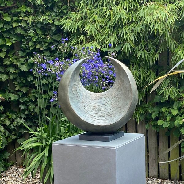 Contemporary bronze garden sculpture, Sunset Sculpture with verdigris, garden sculpture, abstract sculpture, contemporary statue