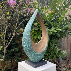 Garden Sculpture adstract, modern bronze with verdigris patina, 70cm / 28 in. Together outdoor sculpture