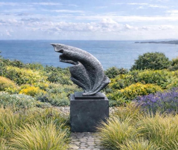 Large outdoor garden sculpture, silver abstract 'Wave' statue: 57cm / 22in