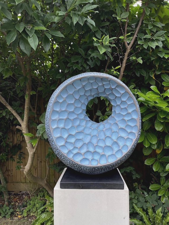 Large bronze and pale blue round abstract sculpture: 58cm x 56cm garden statue