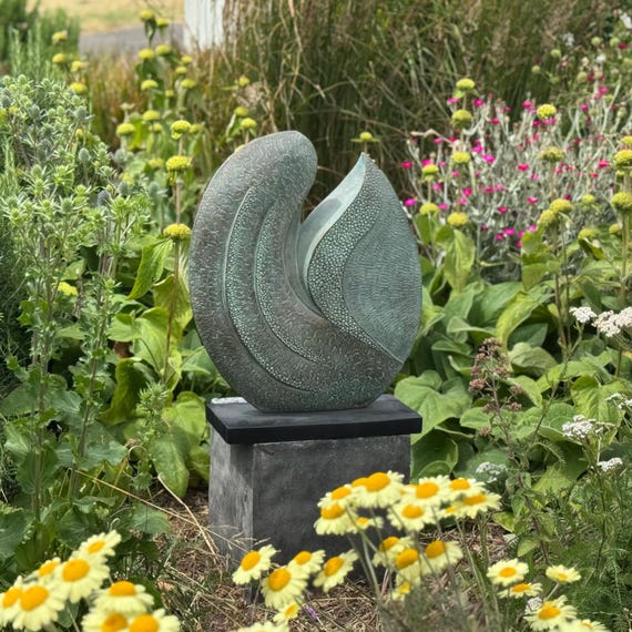 Garden sculpture abstract: bronze with verdigris patina outdoor statue, 50cm / 20in. Meander Sculpture