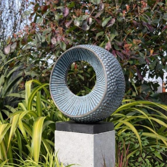 Outdoor garden sculpture, abstract bronze with blue patina sculpture: 32cm / 13in. 'Erosion'