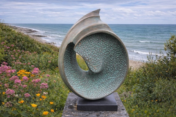 Garden sculpture abstract, modern shell statue, bronze with verdigris patina sculpture 52cm, outdoor decor