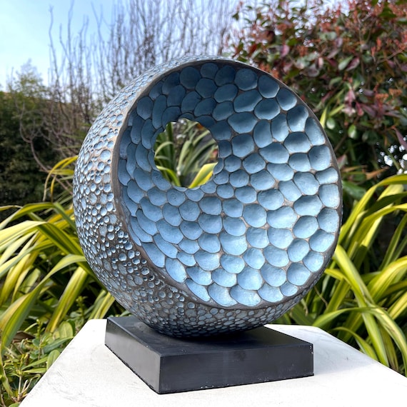 Bronze Garden Sculpture: Abstract Round Art, Blue Patina, 31cm
