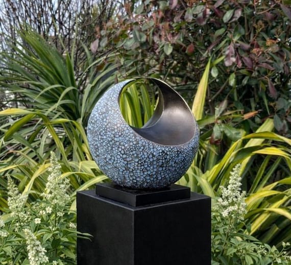 Outdoor garden sculpture, bronze with sky blue patina abstract statue: 32cm / 13in. 'Curvation'