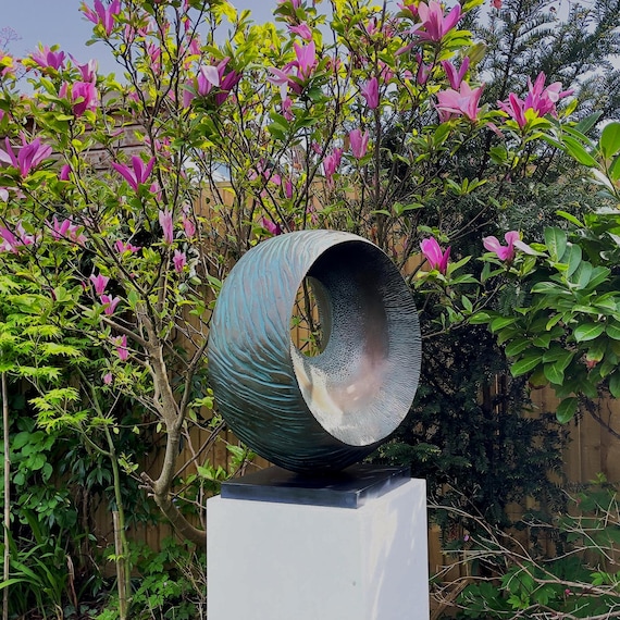 Outdoor garden sculpture, Large bronze with verdigris patina abstract statue: 56cm / 22in. 'Low Tide'
