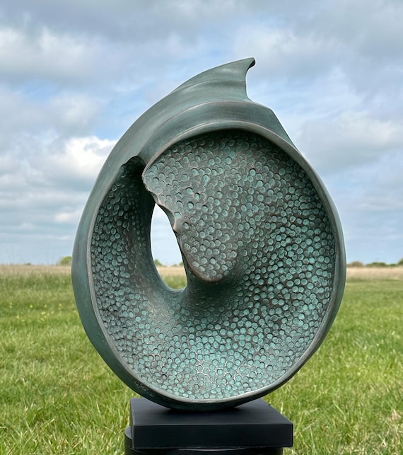 Outdoor garden sculpture, modern shell statue, bronze with verdigris patina: 52cm / 20.5in. garden art