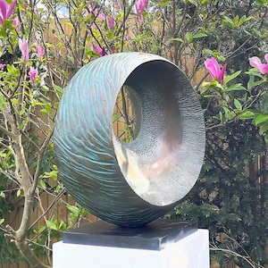Large bronze with verdigris round abstract sculpture: 56cm x 56cm garden statue