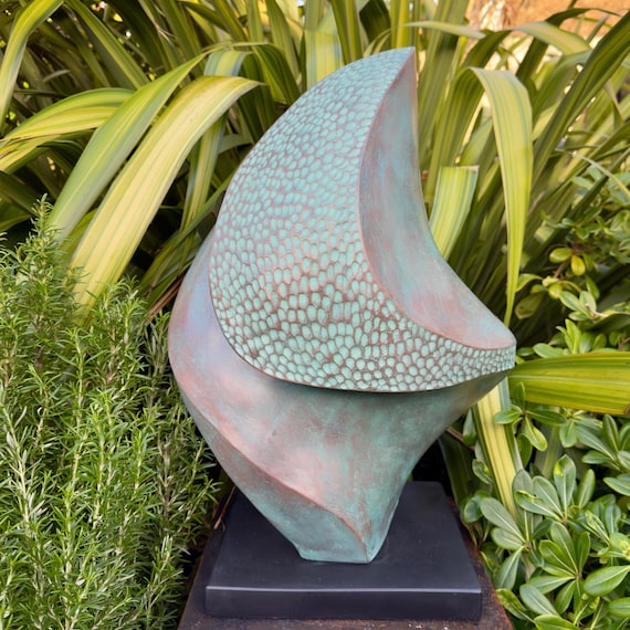 Garden Sculpture outdoor, bronze with verdigris patina modern statue - 'Breeze' height 55cm (21.5 inch)